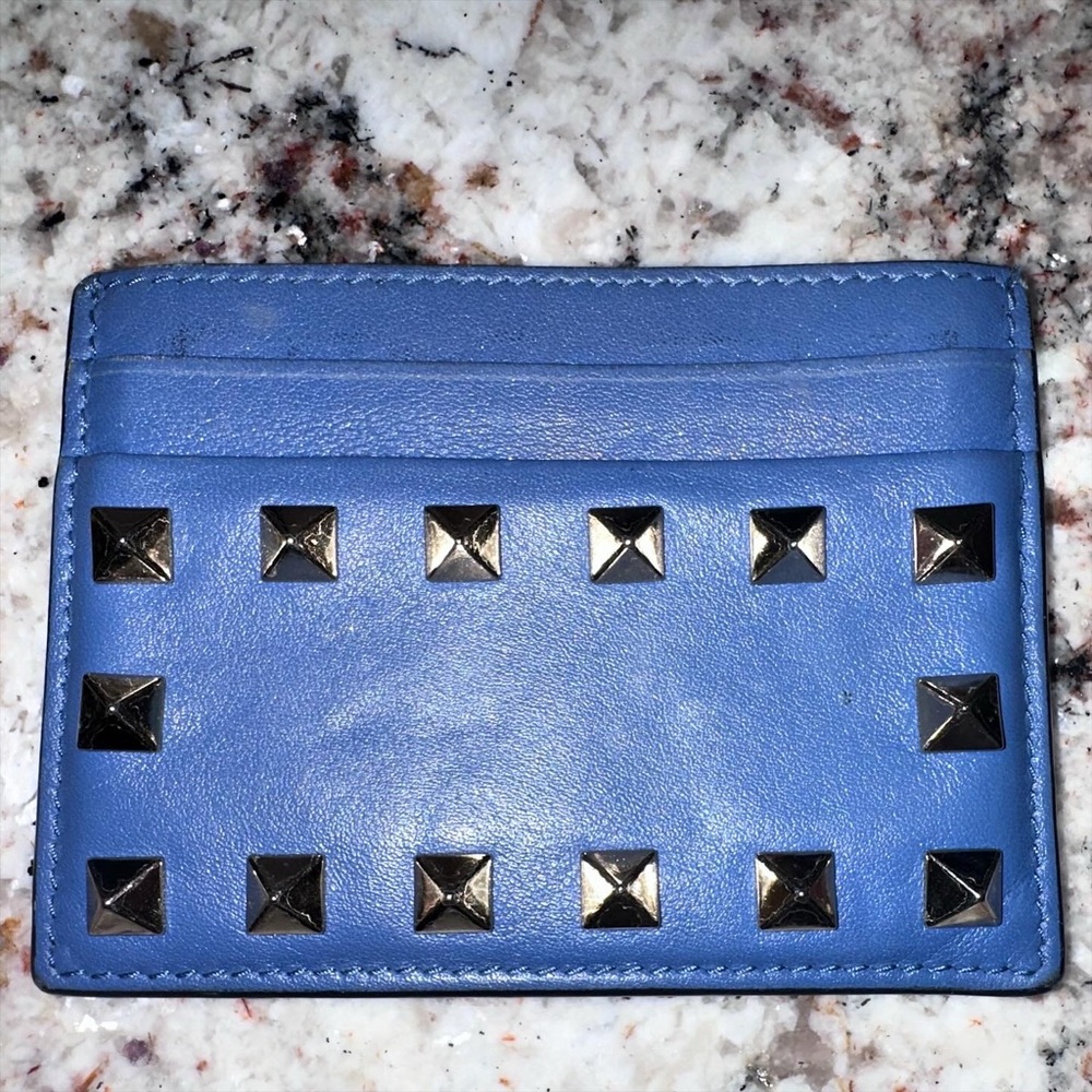 Valentino Blue Card Holder with Stud Accents